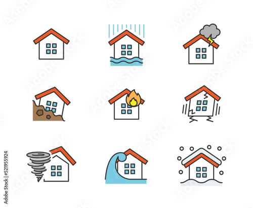 住宅の様々な災害のアイコン（線あり）