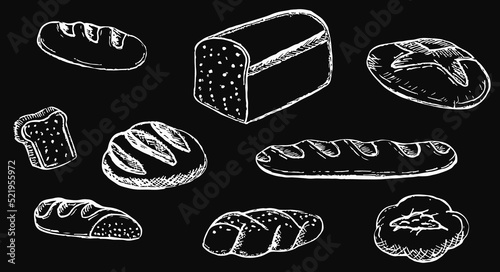 Types of bread. Bread products on black background. Used for web design in magazines, advertisements, stickers, booklets, menus.