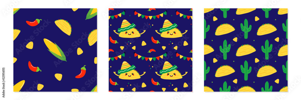 Obraz premium Set, collection of three vector seamless pattern backgrounds with Mexican food, taco characters, chili peppers, corn and nacho chips. 
