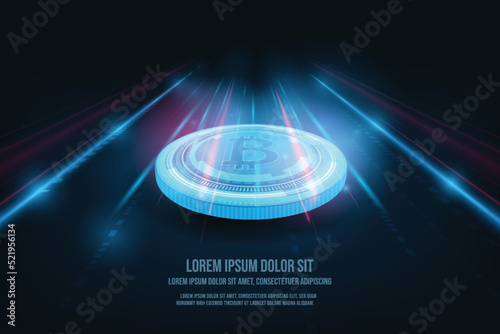 Vector abstract technology crypto. Bitcoin in futurist concept. Neon bitcoin on blue background.