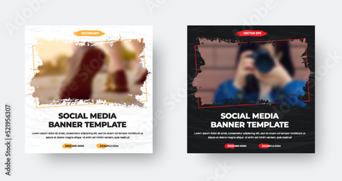 EPS vector banner template, white, black leaflet with brush strokes for photo, info, brand, social media.
