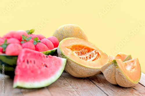 Melon and watermelon on the table, juicy and delicious refreshment in hot summer days