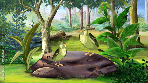 Green birds in a forest illustration