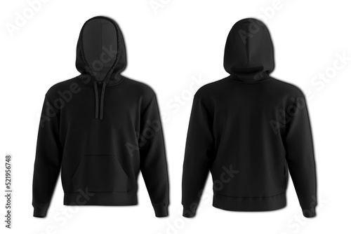 Black hoodie mockup isolated over white background. Front and back view. 3d rendering. hooded sweatshirt, men's hooded jacket for your design mock up.