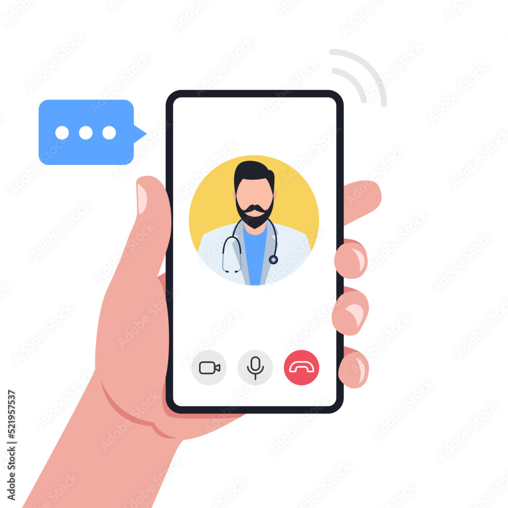 Hand holding smartphone with online doctor consultation on screen. Concept of online medicine. Male doctor avatar with black hair on screen. Vector illustration..
