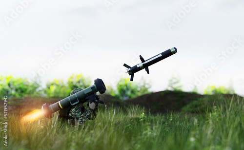 Soldier firing anti-tank missile at war