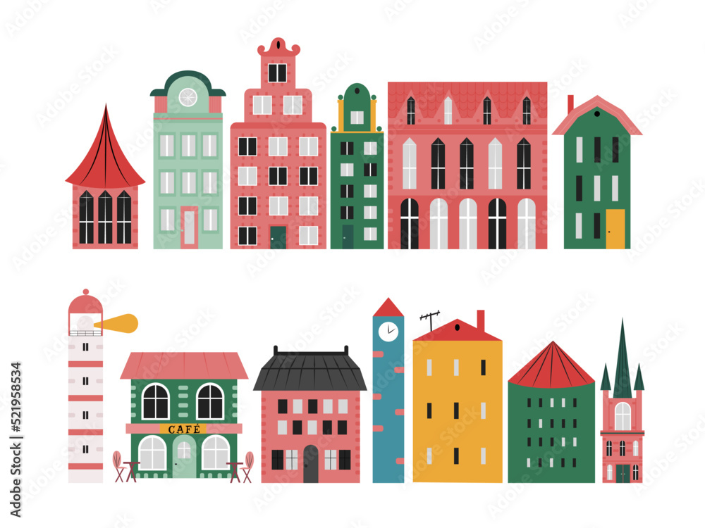 Set with colorful houses in Scandinavian style. Isolated on white background flat design vector illustration