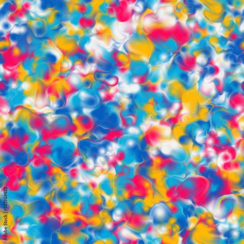 Chaotic liquid brush strokes. Blue, white, yellow and magenta colors. Seamless pattern