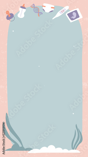 Beautiful modern motherhood card for advertising text. Baby shower background. Pregnancy test, pacifier, diaper. Card for pediatrician, vector illustration for doctor.