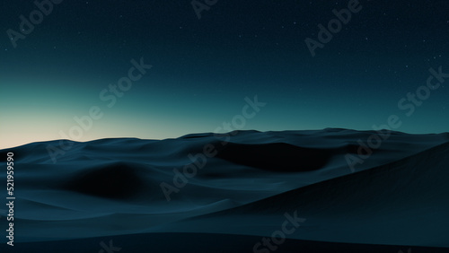 Desert Landscape with Sand Dunes and Green Gradient Starry Sky. Empty Contemporary Background.