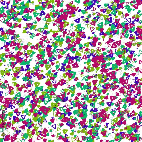 Chaotic multicolored triangles on the white background. Abstract pattern. Green, blue and purple colors.