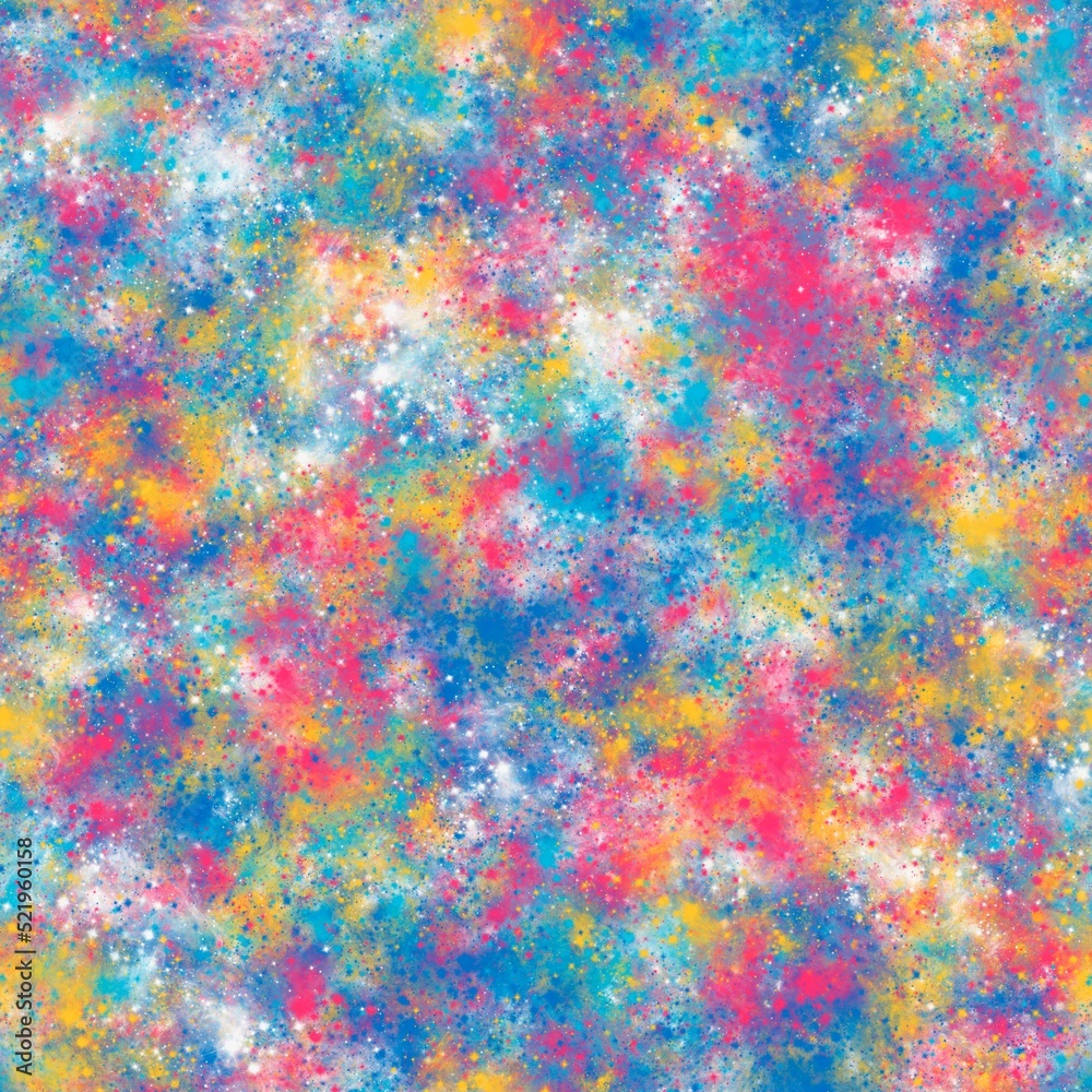 Abstract vibrant brush strokes, stars and galaxy imitation. Seamless pattern. Pink,blue,yellow and white colors.
