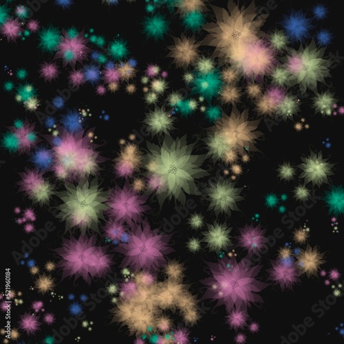 Bright multicolored flowers on the black background. Abstract seamless pattern.