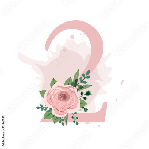 Number two decorated with pink rose, leaves and watercolor splash isolated on white background. Vector illustration for birthday, wedding invitation, wedding table numbers and much more.