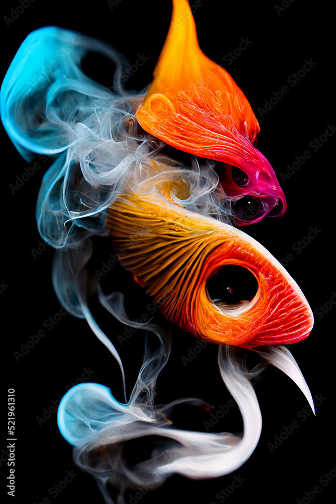 Fototapeta premium colorful fish with smoke on black background 3d render, illustrator
