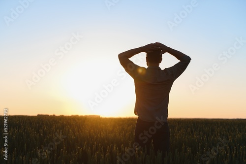 silhouette of man looking at beautiful landscape in a field at sunset.