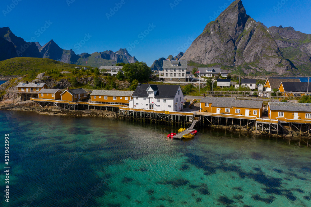Sakrisøy, Norway - July 28 2020: Traditional fishing village in the Lofoten archipelago