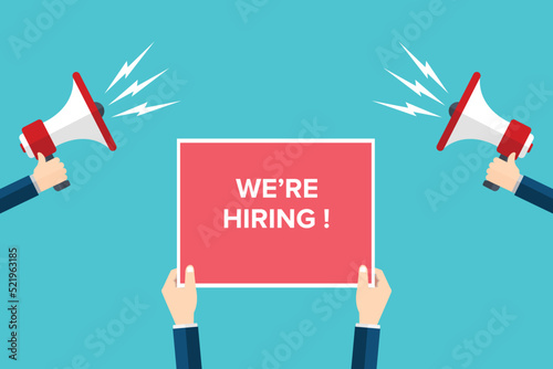 We are hiring. Design template business banner. Employment recruitment. Businessman holds megaphone and poster. Flat style vector illustration