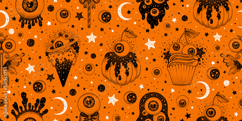 Eye halloween pattern. Eyeball monster background. Cute scary goth, zombie seamless print. Evil blood candy for kid. Alien dark crazy eyeball cartoon. Horror fun dessert. Halloween psychedelic pattern