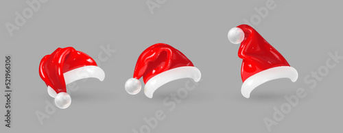 3D Cartoon Santa Claus Red Hats. Set. Vector Realistic Illustration