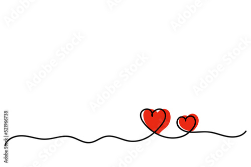 Two red hearts with watercolor spots. Valentine's day. Continuous line drawing. Holiday card, romantic, wedding design elements. Symbol of love.