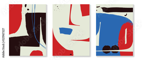 Set of abstract wall art vector. Design on white background with red, blue color, line art, watercolor texture. Abstract painting for wall decoration, interior, prints, cover, and postcard.