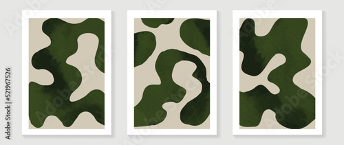 Set of abstract wall art vector background. Wall decor design with green color, organic shapes, seaweed. Abstract watercolor painting for wall decoration, interior, prints, cover, and postcard.