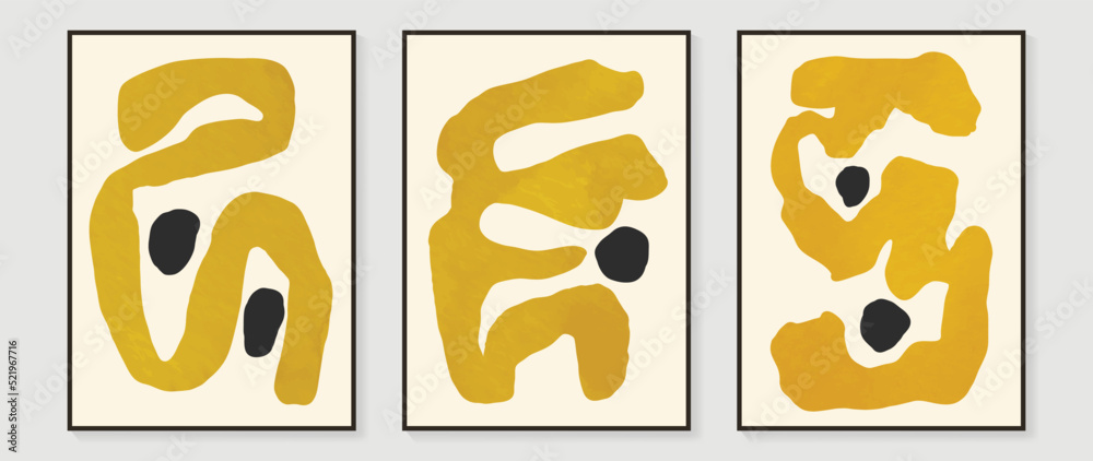 Set of abstract wall art vector background. Wall decor design with yellow, black color, organic shapes. Abstract watercolor painting for wall decoration, interior, prints, cover, and postcard. Set of abstract wall art vector background. Wall decor design with yellow, black color, organic shapes. Abstract watercolor painting for wall decoration, interior, prints, cover, and postcard.
