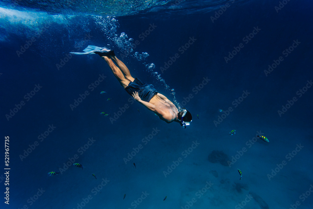 Man swimming underwater with fish in sea Man swimming underwater with fish in sea