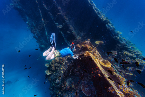 Man swimming amidst school of fish and shipwreck in sea