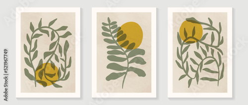 Set of abstract wall art vector background. Wall decor design with leaf branch, leaves, foliage, plant, tree. Abstract watercolor painting for wall decoration, interior, prints, cover, and postcard.