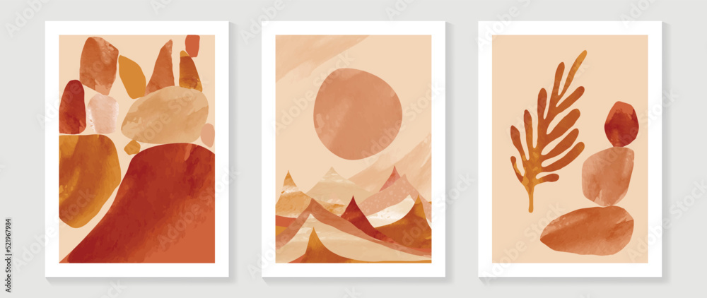 Set of abstract wall art vector background. Wall decor design with earth tone color, mountain, sun, rock. Abstract watercolor painting for wall decoration, interior, prints, cover, and postcard.