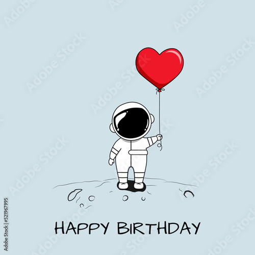 Cute astronaut on the Moon with red heart balloon in flat cartoon style isolated on blue background. Vector illustration for kids birthday party, invitation card design, banner, cover, fabric,poster.