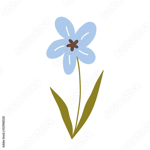 Cute blue flower isolated on white background. Vector illustration in hand-drawn flat style. Perfect for cards, logo, decorations, spring and summer designs. Botanical clipart.