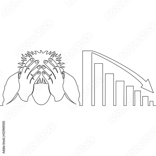 Continuous line drawing Desperate businessman financial crisis and falling graph icon vector concept