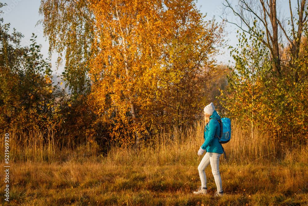 Woman hiking in autumn nature. Tourist with backpack walks in forest
