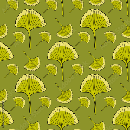 Seamless pattern with ginkgo biloba leaves on green background. Vector image.