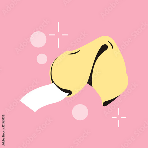 Fortune cookies with future predictions. Sweet Chinese Flowerless Wisdom Cookies. Traditional lottery with paper in a crunchy dessert. Isolated vector illustration retro style 60s