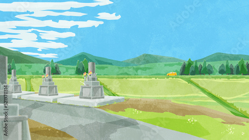 お墓のある田舎の日本風景手描き水彩風イラスト