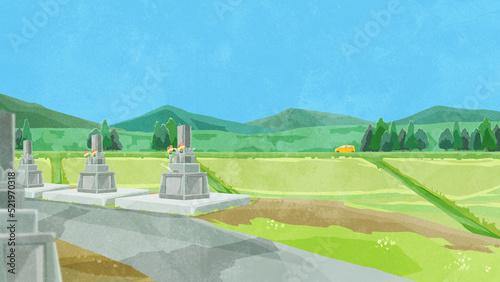 お墓のある田舎の日本風景手描き水彩風イラスト
