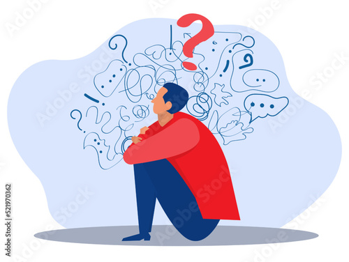 Man suffers from obsessive thoughts; headache; unresolved issues; psychological trauma; depression.Mental stress panic mind disorder illustration Flat vector illustration.