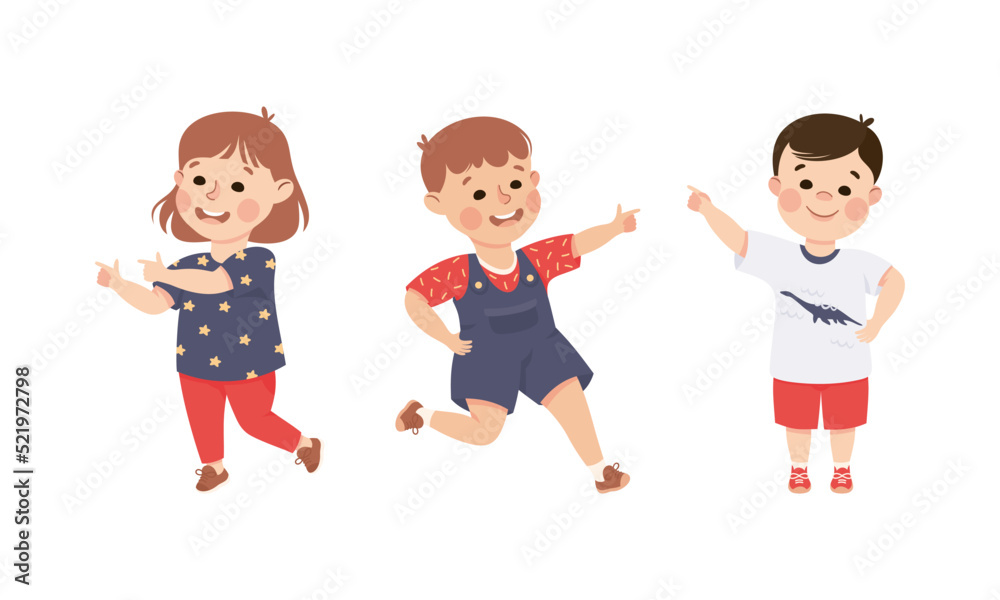 Funny Kids Pointing at Something with Extending Hand and Index Finger Vector Set Funny Kids Pointing at Something with Extending Hand and Index Finger Vector Set