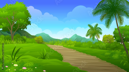 Green hills with footpath and beautiful tropical forest and mountain vector illustration