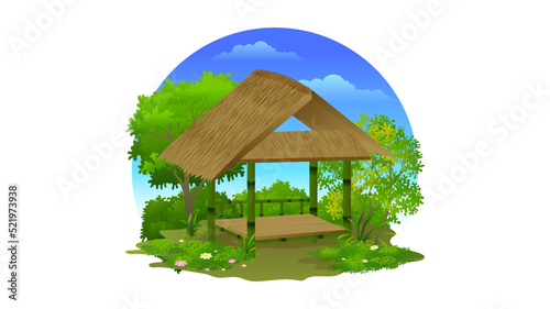 Bamboo hut with Trees, bush and grass vector illustration