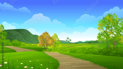 Footpath with beautiful views of rice fields and mountains vector illustration