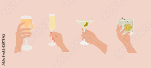 Set of female or male hand holding glass with alcoholic cocktails, champagne and wine. Alcohol drink. Summer aperitif, alcoholic beverage. Colored flat vector illustration isolated on white background