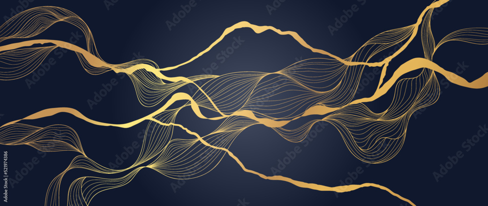 Elegant abstract line art on dark blue background. Luxury hand drawn with gold wavy line and abstract shapes. Shining wave line design for wallpaper, banner, prints, covers, wall art, home decor.