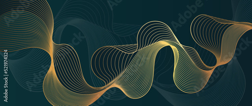 Elegant abstract line art on dark green background. Luxury hand drawn with gold wavy line and abstract shapes. Shining wave line design for wallpaper, banner, prints, covers, wall art, home decor.