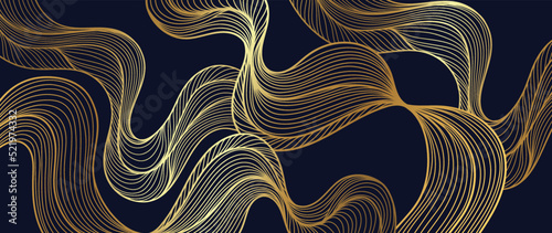 Fototapeta Naklejka Na Ścianę i Meble -  Elegant abstract line art on dark blue background. Luxury hand drawn with gold wavy line and abstract shapes. Shining wave line design for wallpaper, banner, prints, covers, wall art, home decor.