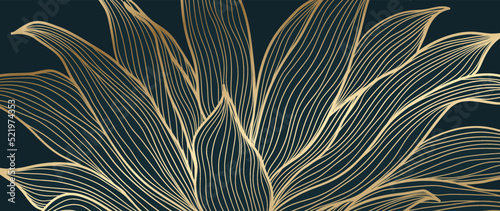 Elegant abstract line art on dark green background. Luxury hand drawn with gold wavy line, leaf, foliage. Shining wave line design for wallpaper, banner, prints, covers, wall art, home decor.